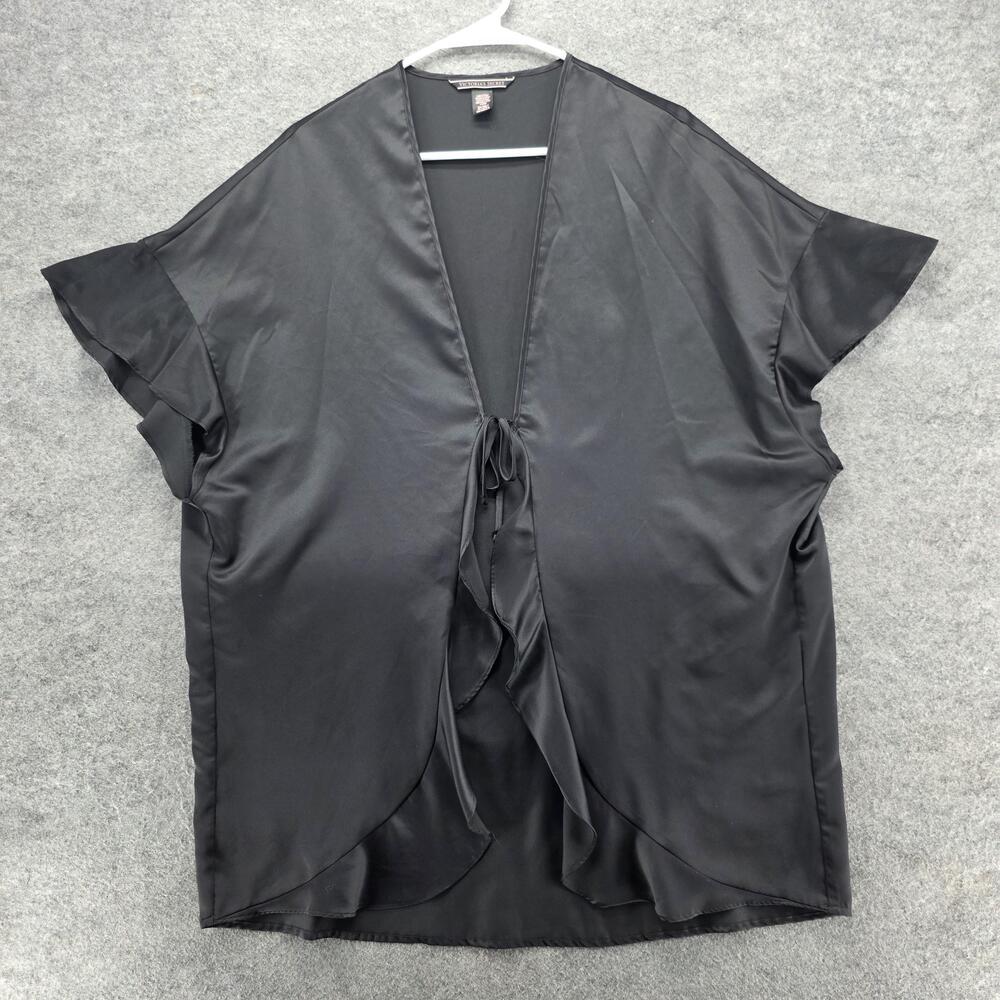 Victoria's Secret Kimono Robe Womens One Size Black Satin Open Front Tie Lounge